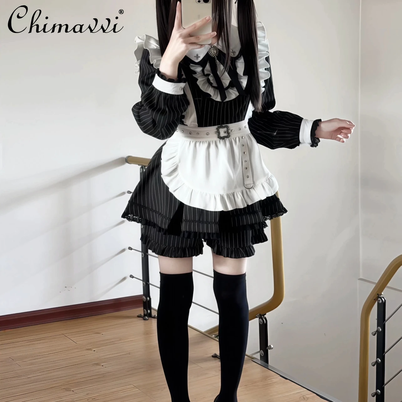 

Original Japanese Mine Series Mass-Produced Dress Set Subculture Long-Sleeve Maid Outfit Dress Top Shorts Lolita 2Piece Set