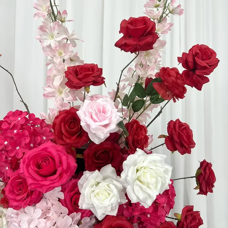 Pink and Red Realistic Silk Artificial Rose and Hydrangea Flower Arch Set for Wedding Reception Ceremony Background