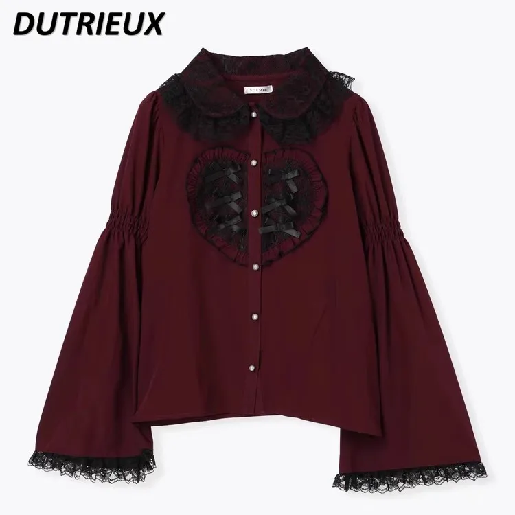 New Spring Autumn Women's Tops Big Love Lace Lace Bow Long Sleeve Shirt Lolita Japanese Style Casual Elegant Blouses Female