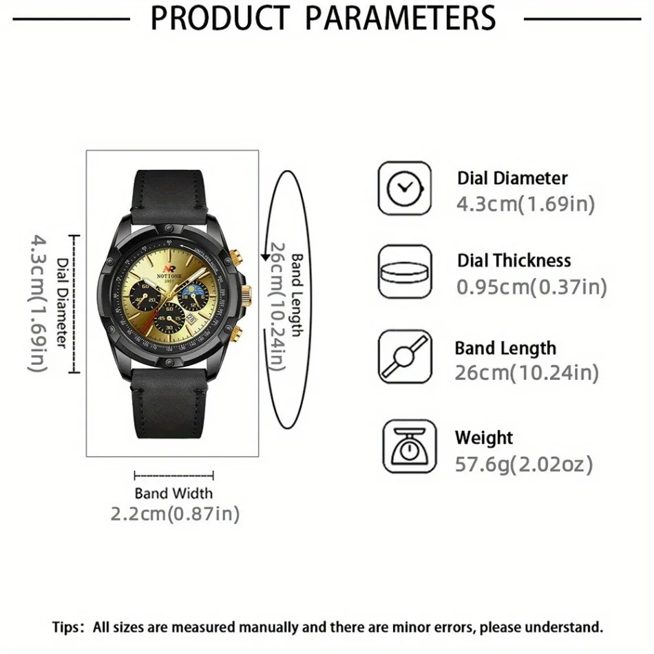 NOTIONR Business Men's Fashion Golden Dial Quartz Calendar Watches, Luxury Mens Black PU Leather Sports Wrist Watch