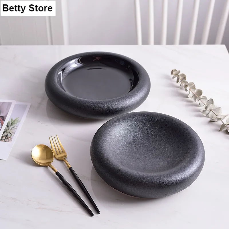 Japanese Style 9 Inches Dinner Set Plates and Dishes Matte Black Ceramic Dishes Round Deep Dish Pasta Plate Dishes Dessert Dish