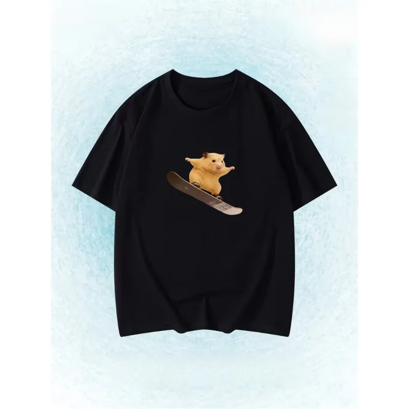 Funny Snowboarding Hamster Animal Print T-Shirt Cute Meme Loose Short Sleeve Unisex Casual Summer Top for Men Women Daily