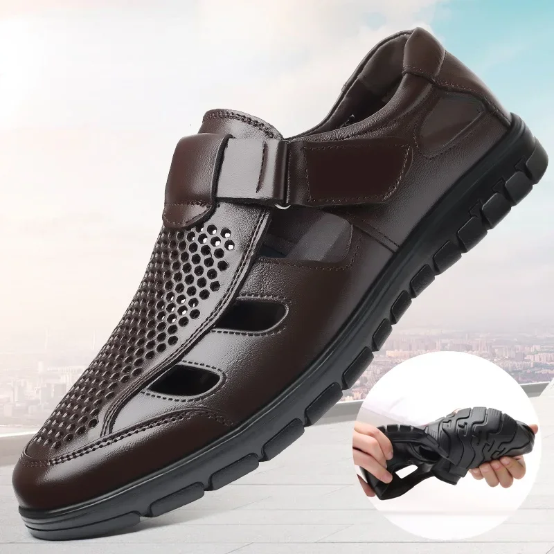 New Summer Men Sandals Cozy Hollow Non-slip Soft Lighted Breathable All-match Wearable Fashion Work Shoes Casual Leather Sandals