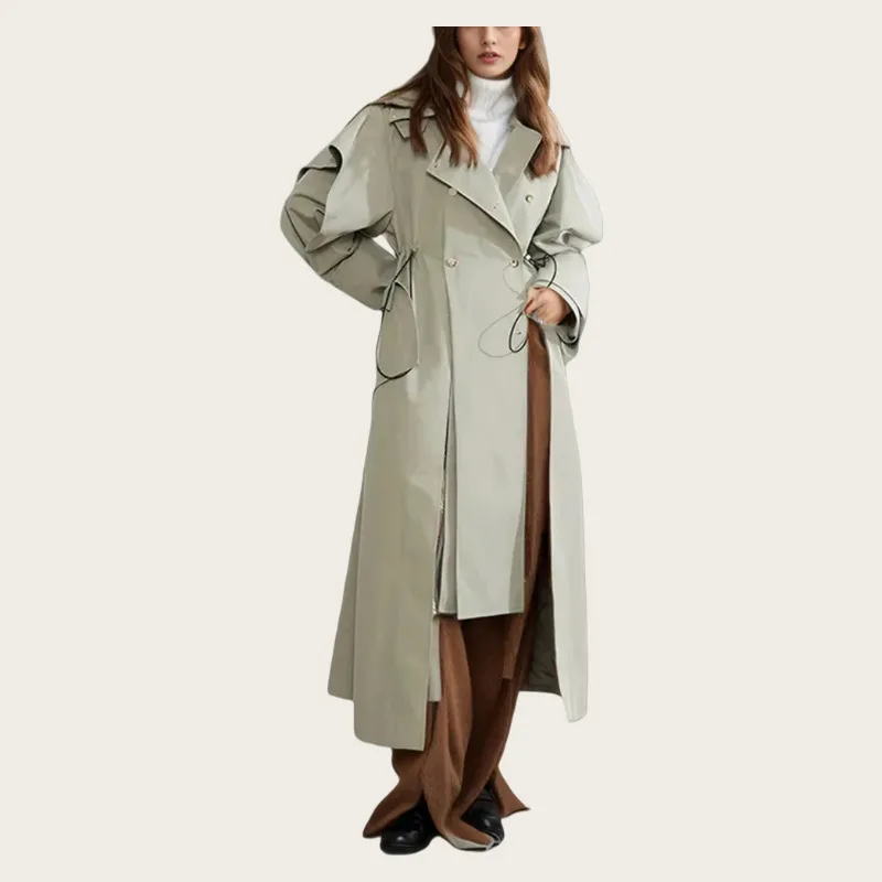 

HUISONG 2025 Fashion Deconstruction Autumn Coat Women's Lapel Loose Double Breasted Drawstring Long Sleeve Windbreaker New dz79p