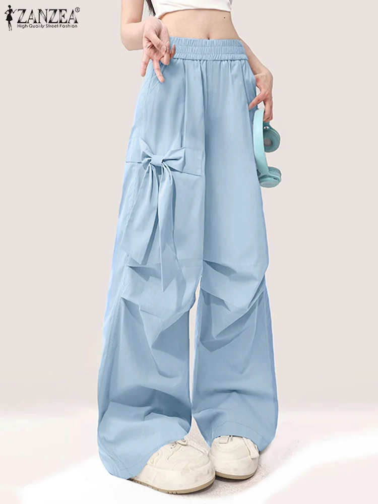 ZANZEA 2025 Spring Solid Pantalon Streetwear Elastic Waist Bowknot Detail Pleated Trousers Casual Loose Women Wide Leg Pants