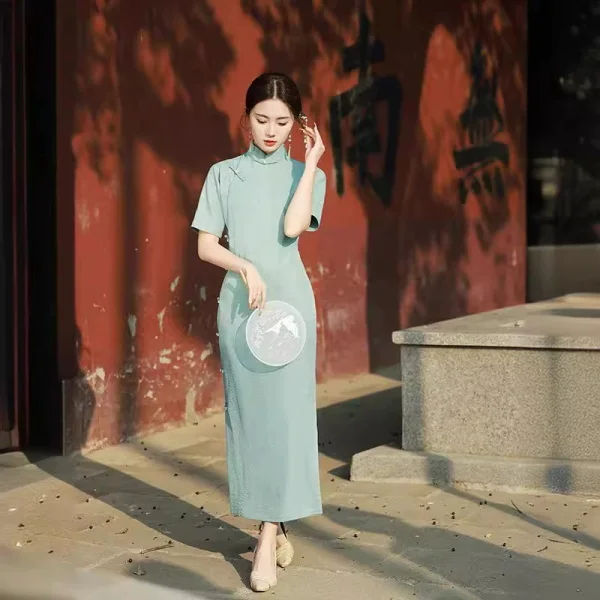 فستان شيونغسام طويل من القطن والكتان باللون الوردي للفتيات لربيع وصيف 2025 فستان أنيق جديد #6