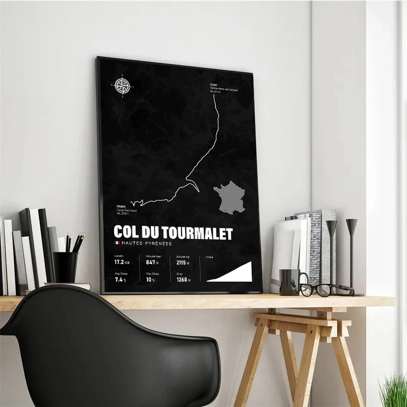 الدراجات تسلق الظلام المشارك طباعة جبال الألب D Huez فرنسا خريطة قماش الطباعة جدار ديكور فني دراجة الدراجات سباق غرفة المنزل الديكور #5