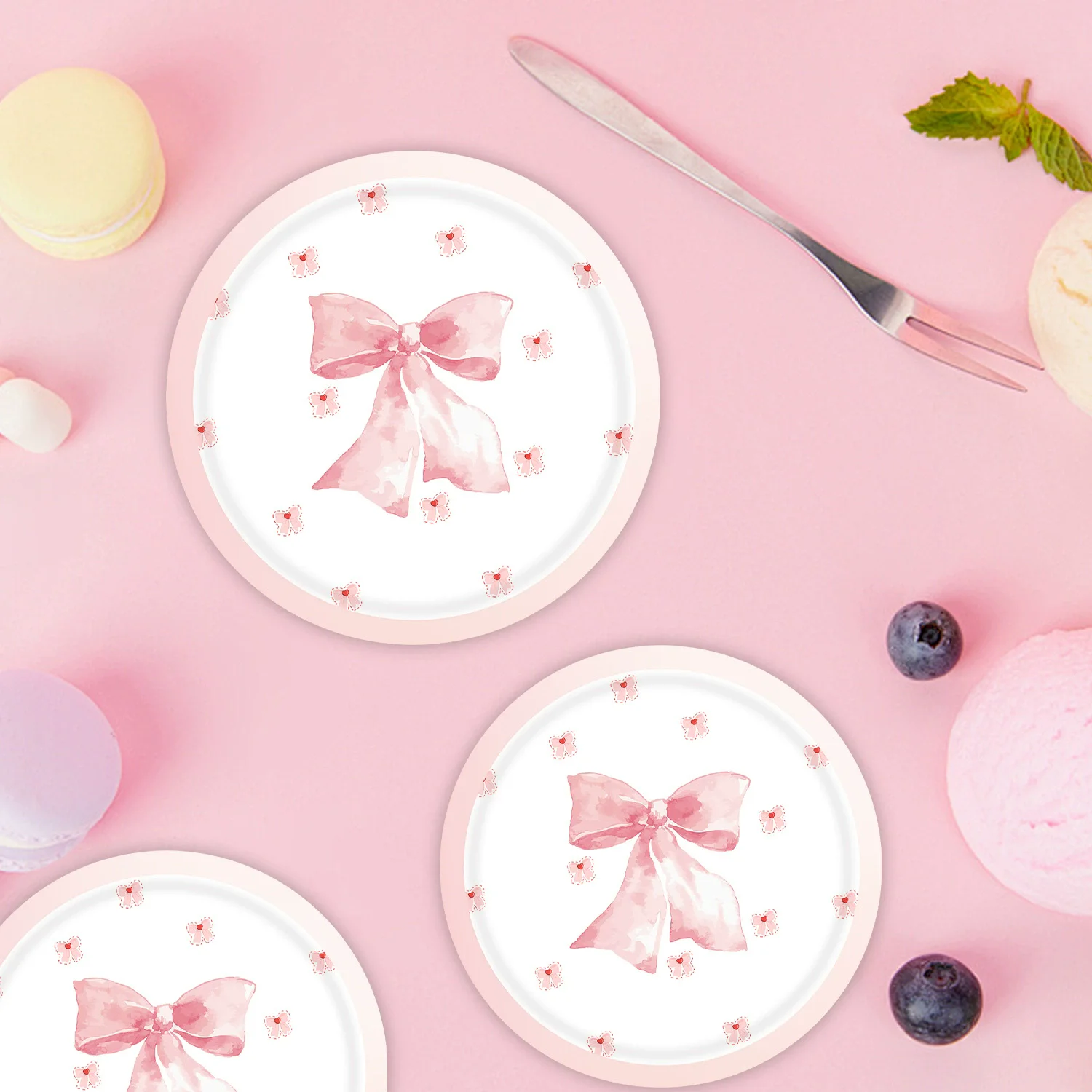 

10pcs Pink bow birthday party supplies Paper 9/7 Inch Disposable Dinner Dessert Plates ﻿