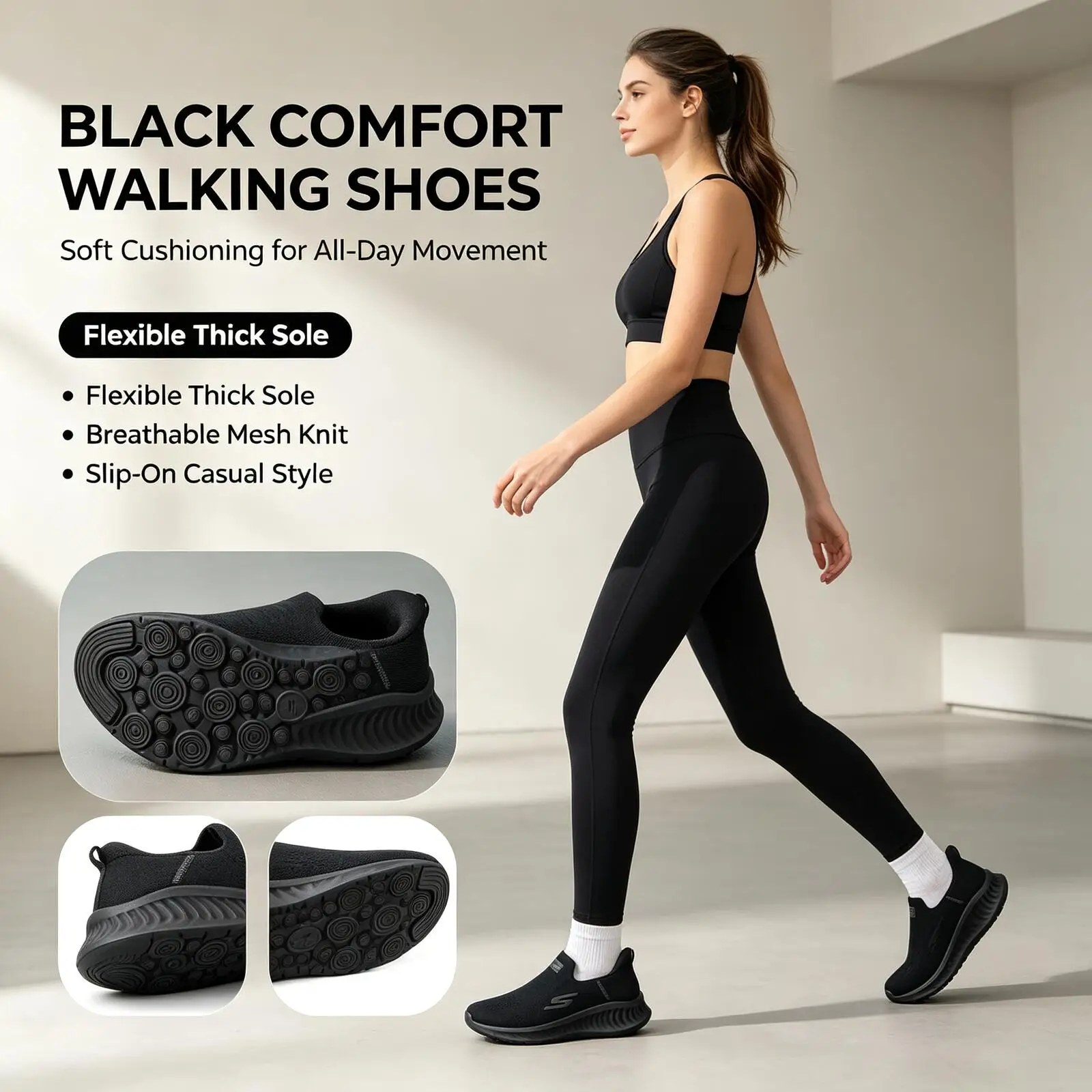 Skechers Black Slip-On Running Shoes for Men Women Breathable Knit Casual Walking Sneakers Cushioned Thick Sole Comfortable