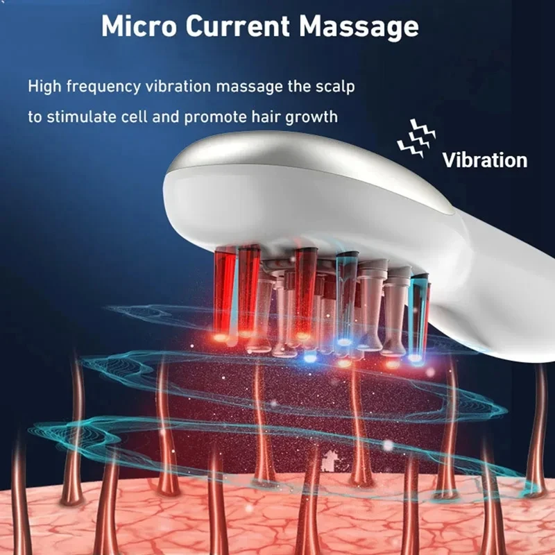 1MHZ RF Hair Growth Comb Scalp Massage Comb White Plastic+Metal Red Blue LED Light Therapy Micro-Current Massage