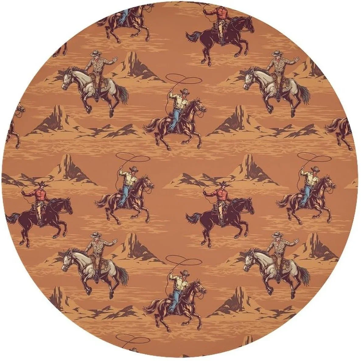Western Cowboy Round Tablecloth Wild West Cowboy Ride Horse Rustic Farmhouse Print Washable Cover for Home Party Dining