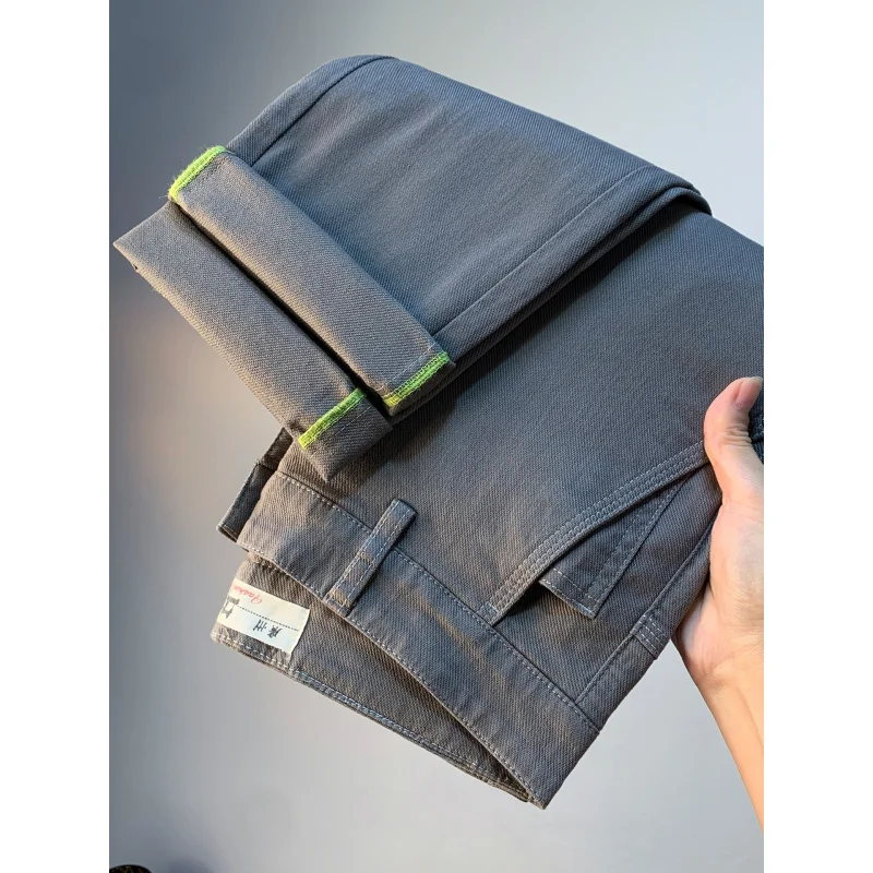 

Grey washed casual pants for men, light luxury trend versatile, small straight leg elastic denim slim fit pants