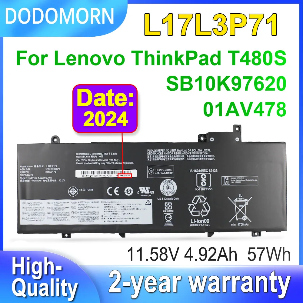 

DODOMORN L17L3P71 L17M3P71 Laptop Battery For Lenovo ThinkPad T480S 01AV478 01AV479 01AV480 L17M3P71 SB10K97620 11.58V 57Wh 4920