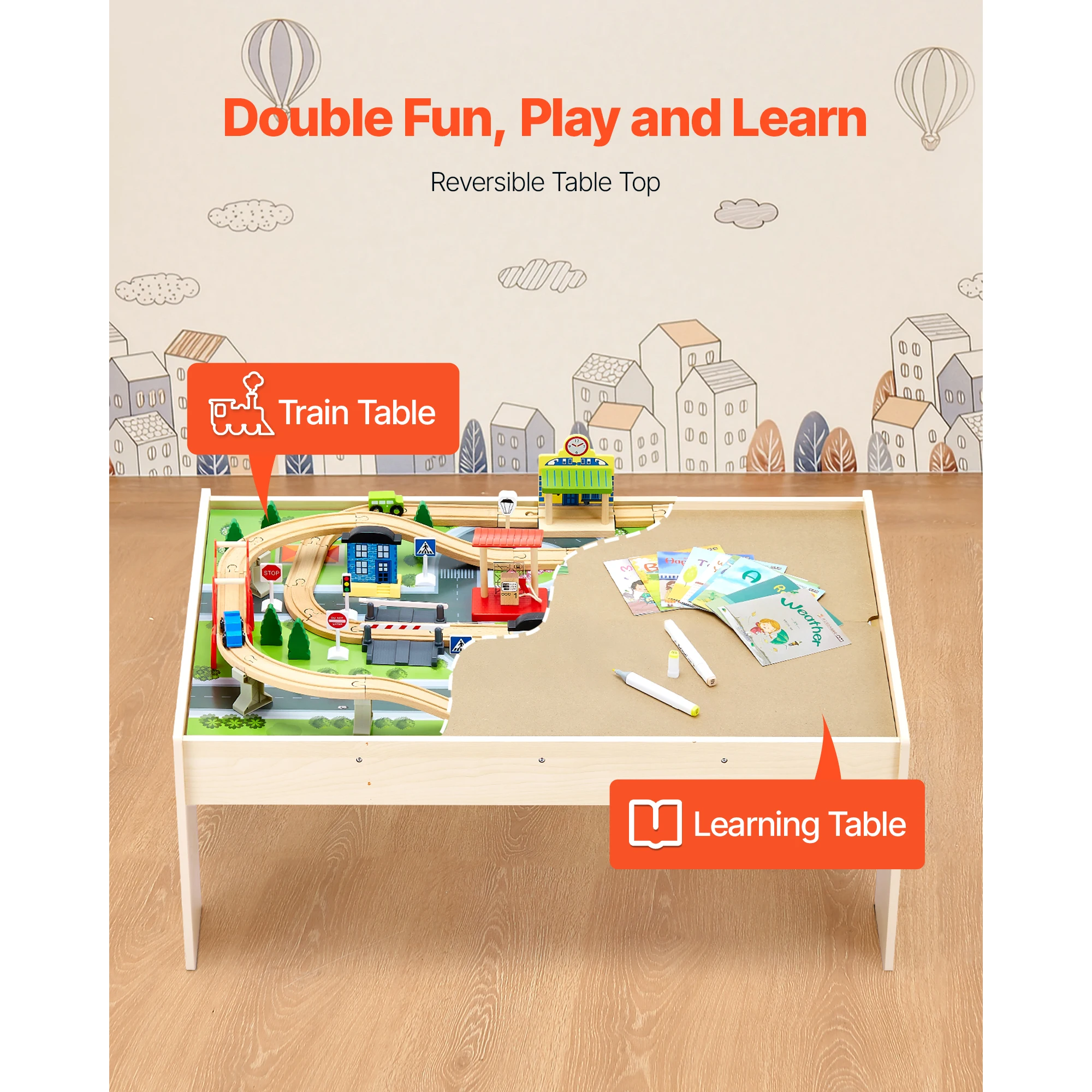 SucceBuy Ensemble de table de train en bois pour enfants 84 Jouets de table de jeu d'activité multicolore avec bac de rangement pour enfants Jouet de dessin de jeu