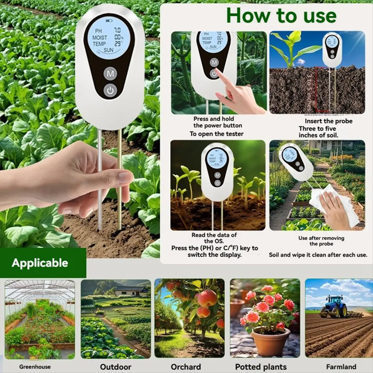 Digital Soil Tester 4-in-1 Soil PH Moisture Light Temperature Meter for Garden Plants Greenhouse Farm Outdoor Indoor