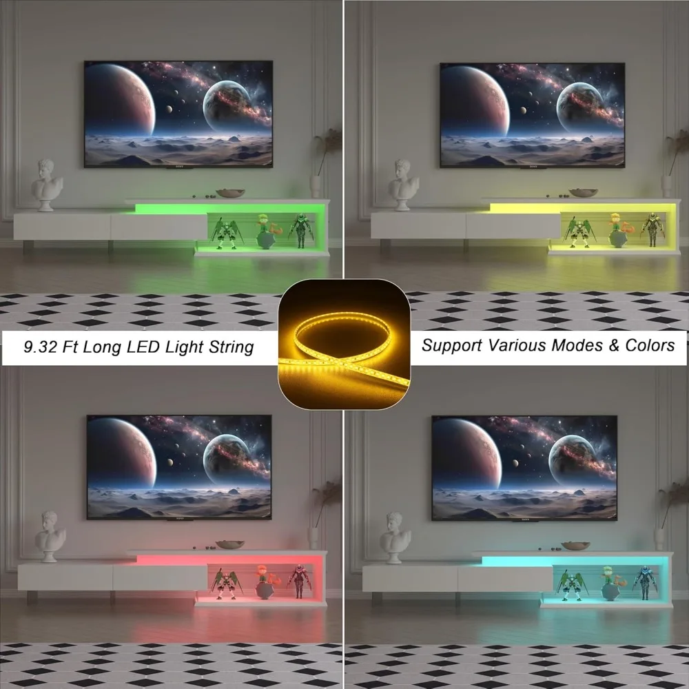 حامل تلفزيون LED لتلفزيون 55 65 75 85 بوصة، مركز ترفيه قابل للتمديد مع سلسلة إضاءة مجهزة ببابين منسدلين، 60 70
