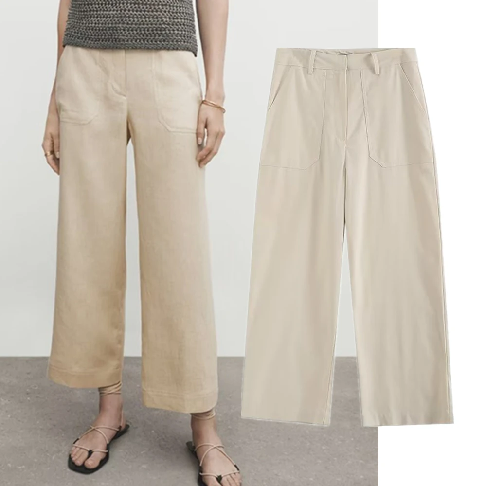 

Dave&Di High Waist Japanese Simple Casual Fashion Ladies Pants Retro Pockets Linen Trousers Loose Casual Pants Women