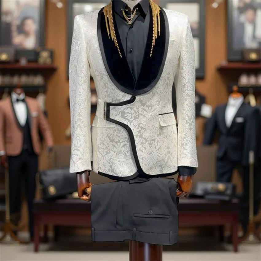 Floral Formal Wedding Tuxedo with Buckle Button Slim Fit Groom Men Suits Custom Made 2 Pieces Fashion Suit Set Jacket Pants