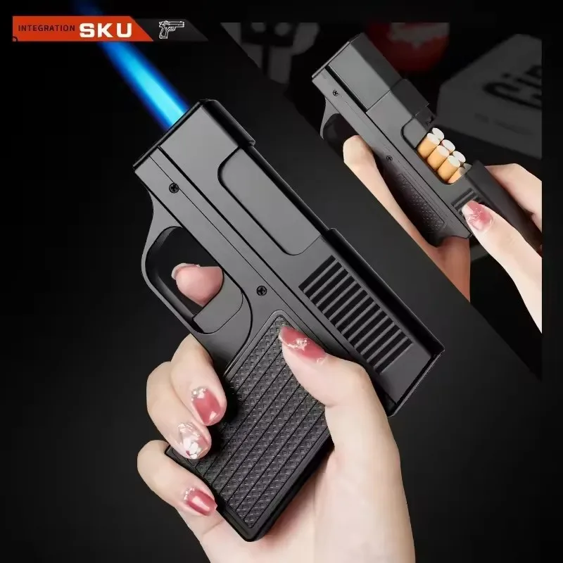 Capacity 10PCS Pistol Style Lighters with 3 Cigarette Case Jet Blue Flame Gas Lighter Windproof Cigar Lighter Gadgets Men Gift