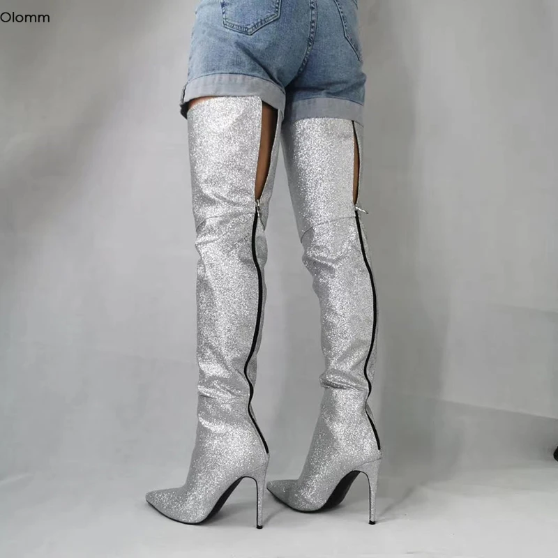 

Olomm Handmade Women Thigh High Bling Boots Stiletto Heels Boots Pointed Toe Gorgeous Silver Club Shoes Women Plus US Size 5-15