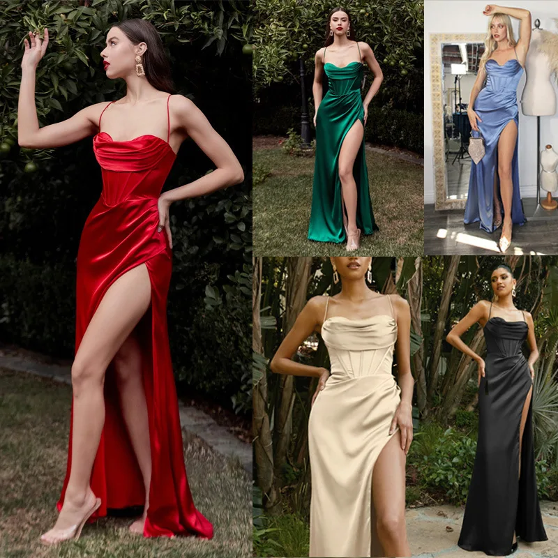 

Elegant Women Sexy Satin Maxi Dress Silky Strap Corset Push Up Fishbone Ruched Slit Evening Party Long Dresses For Women 2024