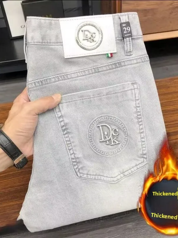 

Thiened Fce, осенне-зимние облегающие джинсы с высокой талией, мужские повседневные прямые джинсовые брюки, эластичные длинные брюки для отдыха...