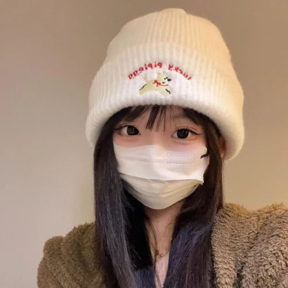 

Fashion Puppy Embroidery Winter Knitted Hat Thicken Winter Warm Beanie Cap Windproof Soft Crochet Bonnet Hat