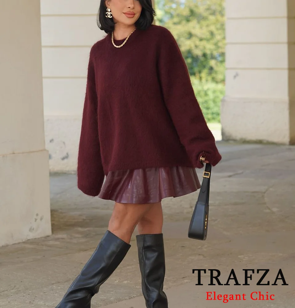 TRAFZA Women Fashion Oversized Blended Sweatshirt O-Neck Burgundy Color Loose Sweatshirt New 2024 Fall Winter Vintage Sweatshirt