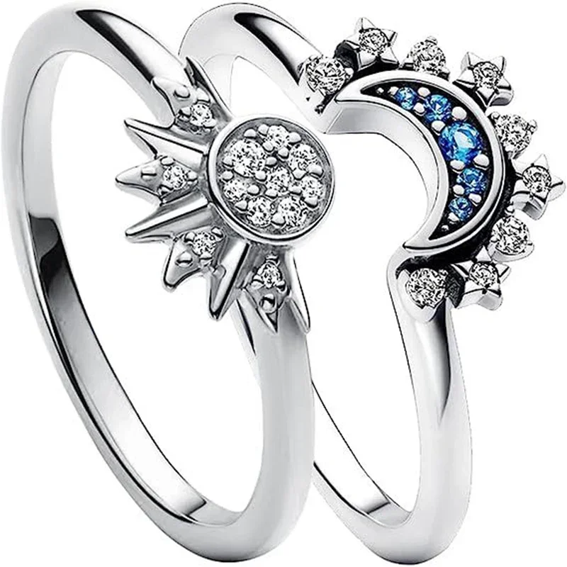 2pc/set Summer Couple Ring Set Sky Blue Sparkling Moon and Sun Ring 2024 New Women's Stackable Finger Set Engagement Jewelry