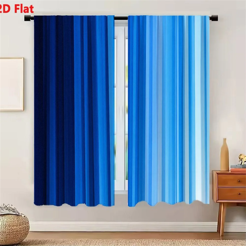 2Pcs Curtains Abstract Digital Artwork Featuring Blue Vertical Stripes With Gradient From Navy To Sky Blue Window Drapes for Bed