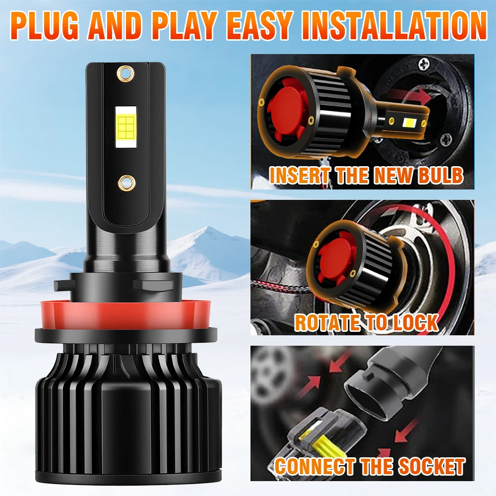 28000LM H8 H9 H11 LED Car Headlights 3570 CSP Chips Super Bright 6000K Built in Drive Light Bulbs Turbo Fan Headlamps