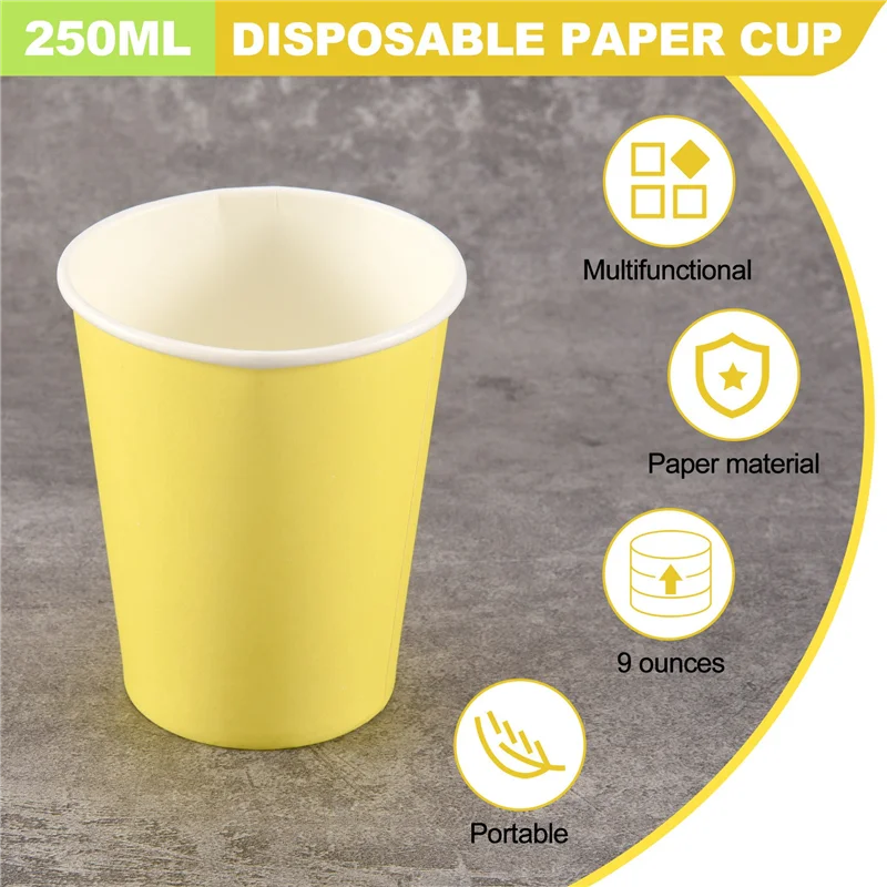 AB34-20 Paper Cups (9Oz) - Plain Solid Colours Birthday Party Tableware Catering(Yellow)