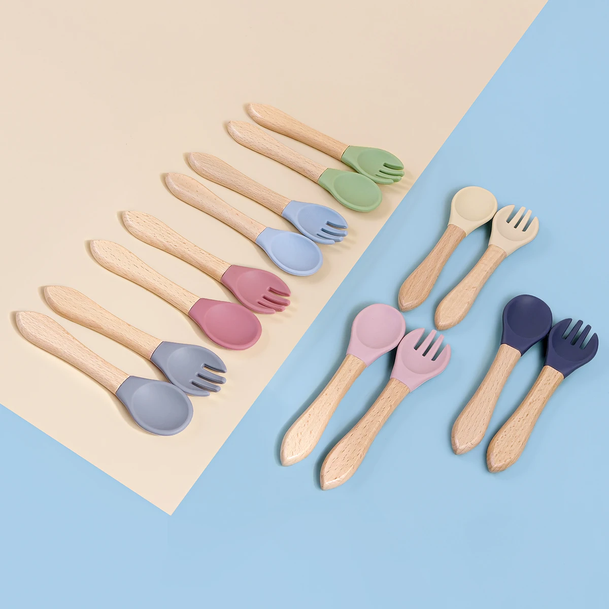 TYRY.HU 2PCS Baby Learning Spoons Utensils Set Wooden Handle Silicone Spoon Fork Cutlery Training Spoon Feeding Tableware