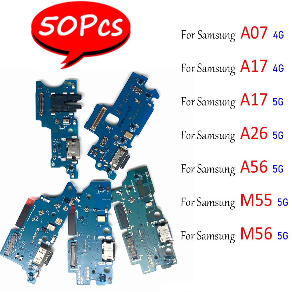 50Pcs，For Samsung A07 4G A17 A26 A56 M55 M56 5G USB Charging Port Mic Microphone Dock Connector Board Flex Cable Repair Parts