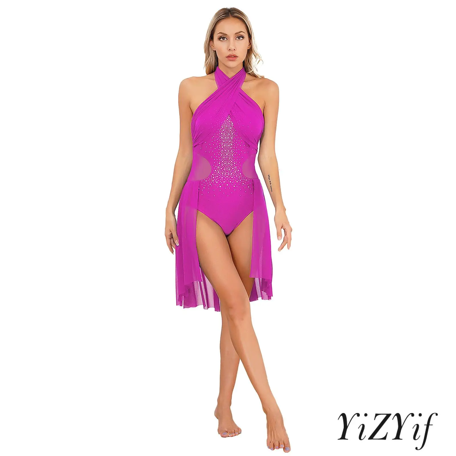 

Sparkling Rhinestone Modern Dance Dress for Women Cross Front Mesh Backless Straps for Stage Prom Figure Skating Dance Shows