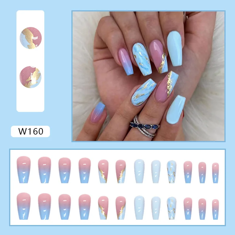 

24pcs Blue Watercolor Ombre Press-On Nails - Sparse Gold Veins Gold Foil & Sunset Glow Long Square Shape (Multi Sizes)