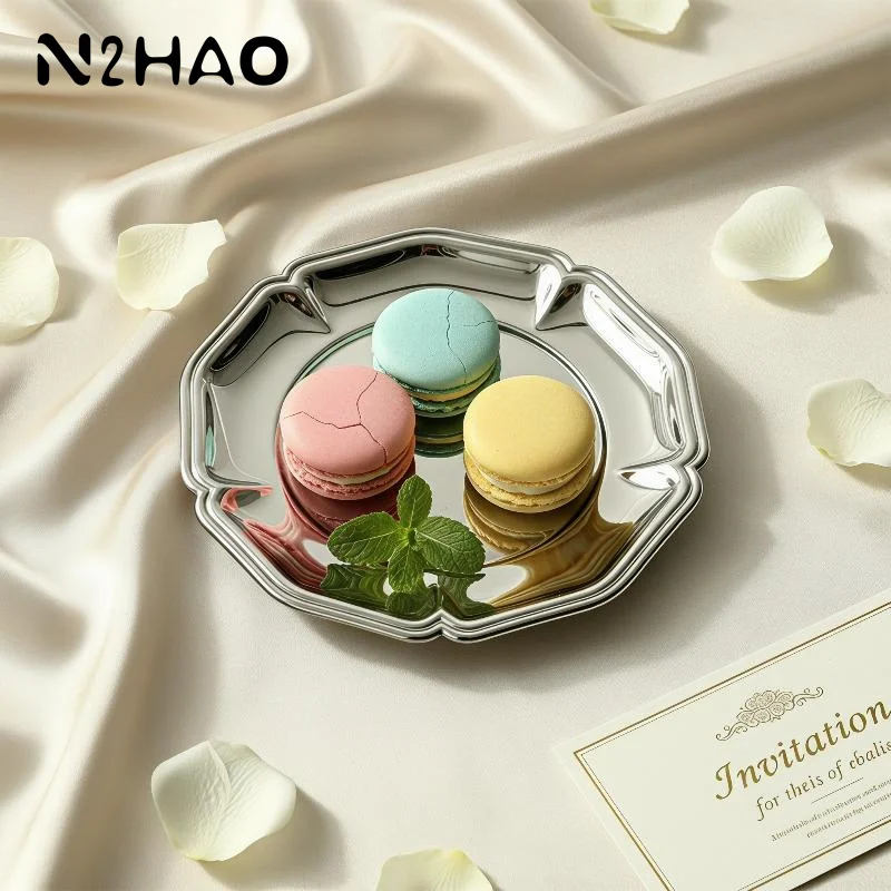 Plateau à dessert rond en acier inoxydable miroir, plateau de service pour les collations lors de mariages et de fêtes