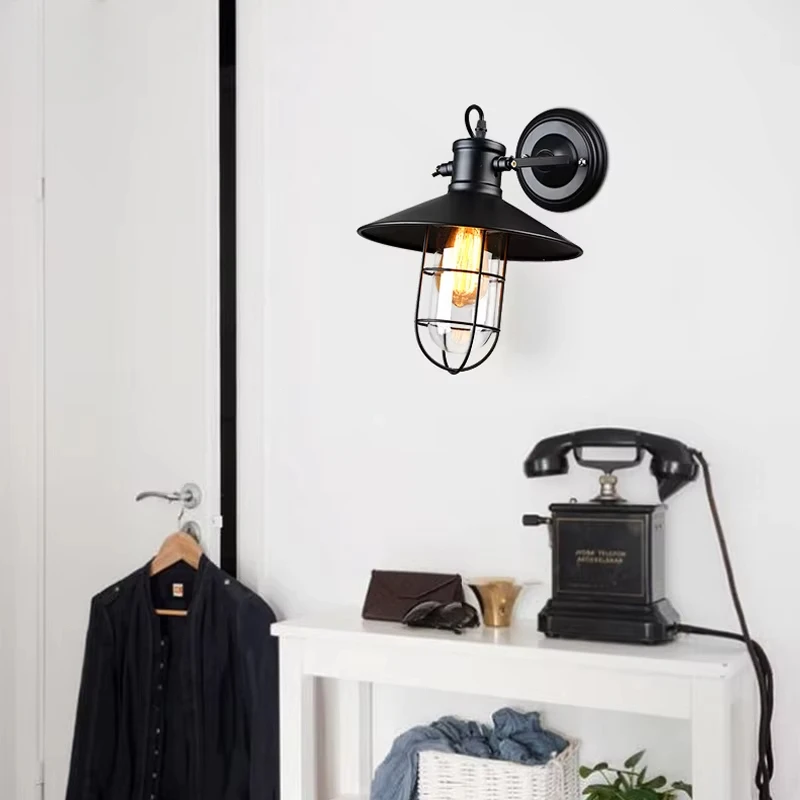 Indoor Lighting E27 LED Wall Lights Vintage Wall Lamp Iron Cage Glass Lampshade Black Bra/Living Room/Coffee Shop