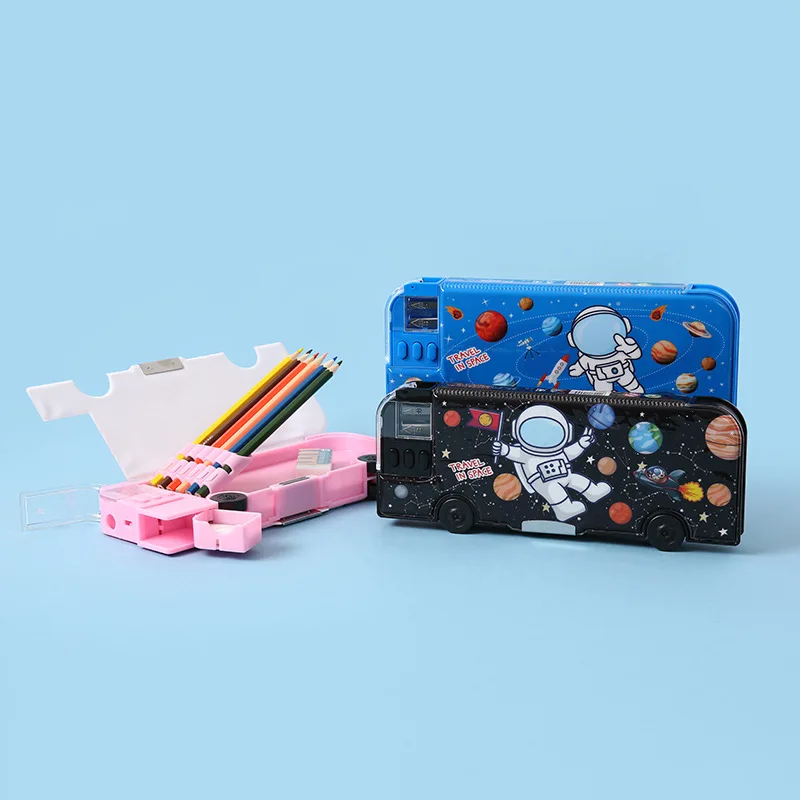 Bus Style Double-side Pencil Case With Magnetic Switch Large Capacity Cartoon Pen Stationery Box for Student School Supply