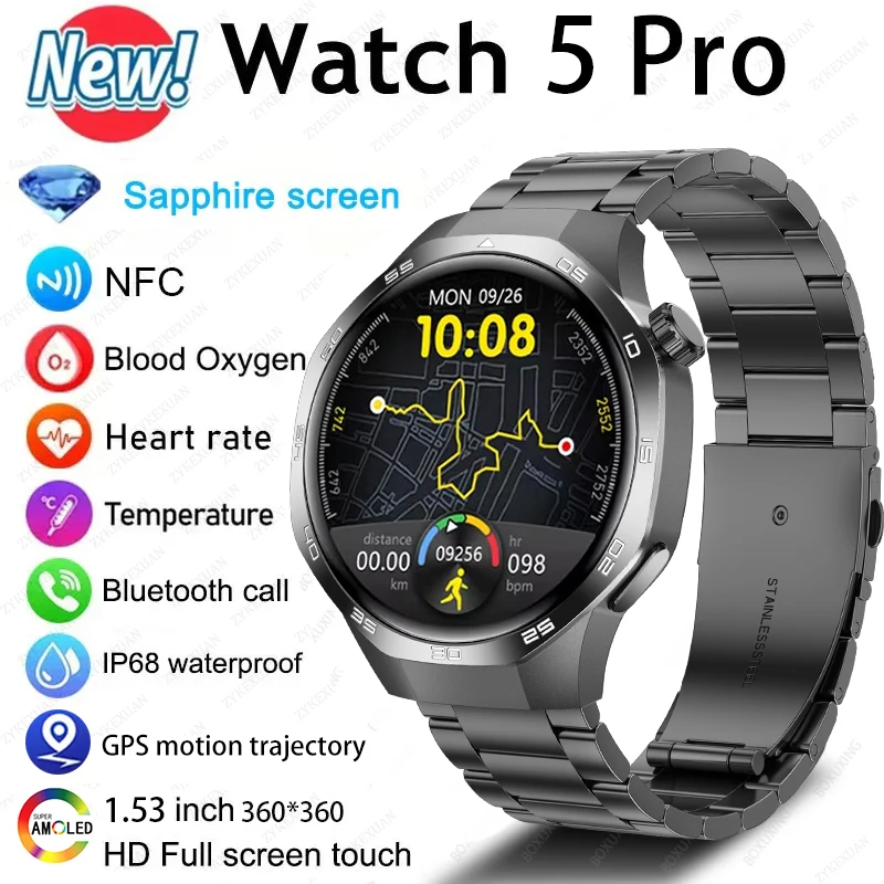 For Huawei Watch GT5 PRO 1.53 Inch Display Smartwatch Heart Rate Oxygen Monitor NFC GPS Sports BT Calling Smart Watch Men Women