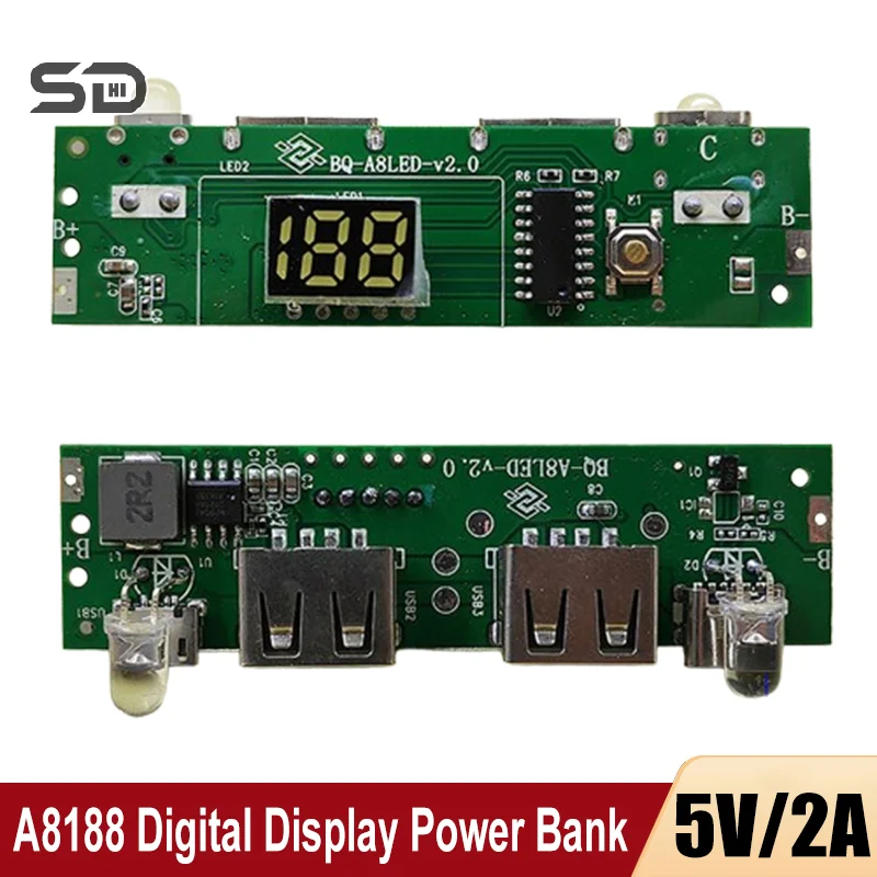 1Pcs 5V 2A Digital Display Power Bank Circuit Strip Module TYPE-C Micro USB A8188 Mobile Power Lithium Battery Charging Board