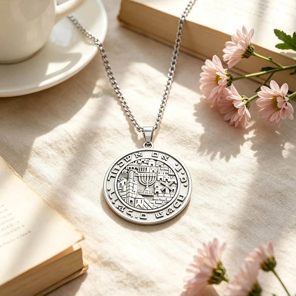 Jerusalem City Coin Pendant Necklace for Men Women, Stainless Steel Hebrew Psalm 137:5 Engraved Menorah Jewish Jewelry