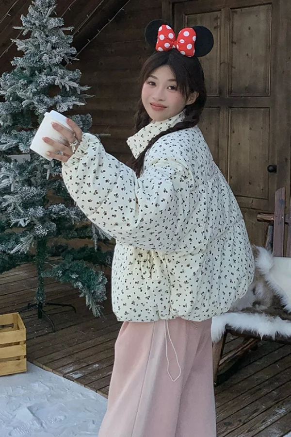 Korean Design Sense Short Floral Cotton-padded Jacket Coat Female Winter 2025 Thick Loose Bread and Cotton-padded Clothes