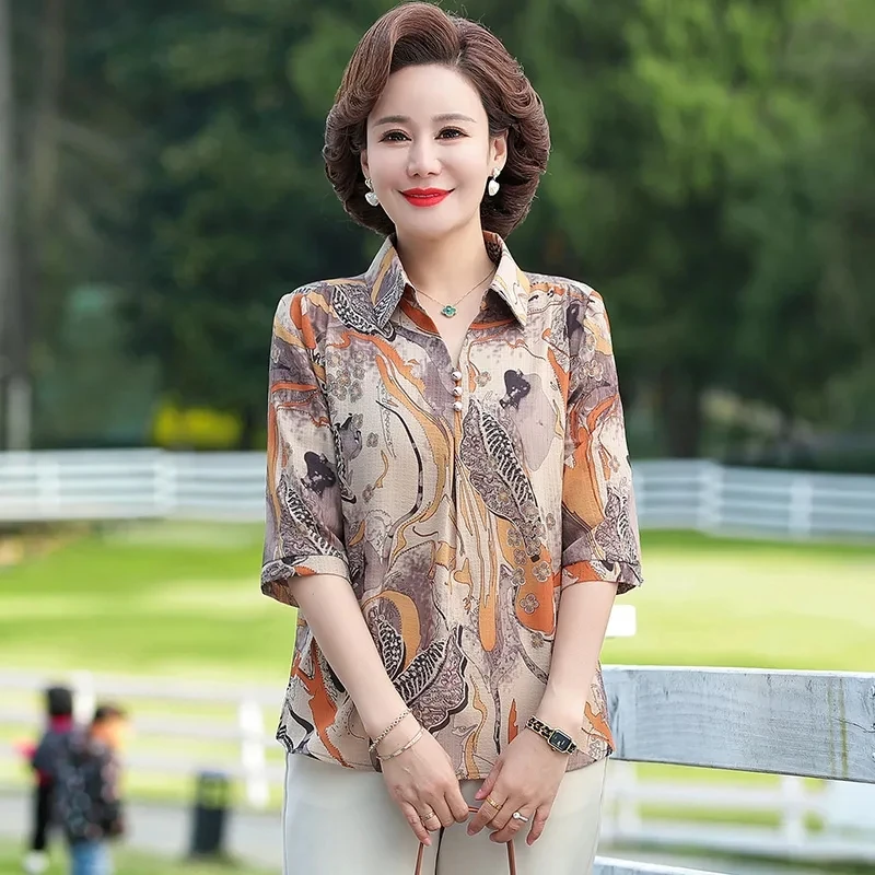 Middle Aged Mother Summer Shirts Korean Loose Half Sleeve Lapel Collar Women Blouse Large Size Print Female Outfit Pant Sets 5XL