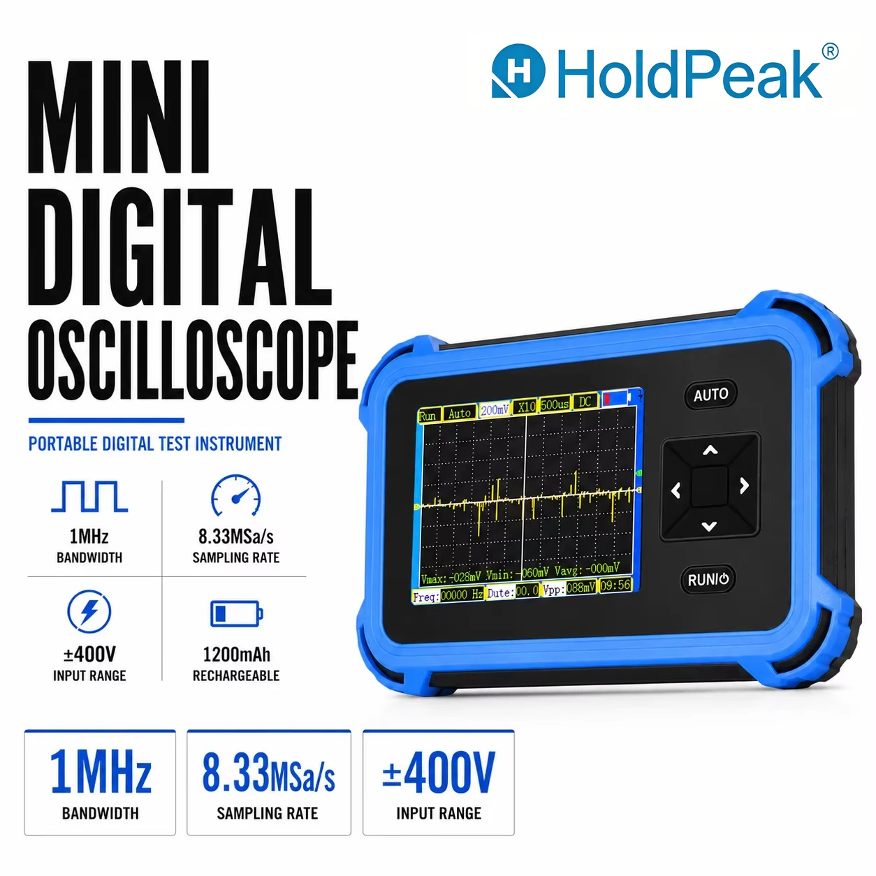 Mini Pocket Oscilloscope,Digital Handheld Oscilloscope with 8.33 MSa/s, 1 Mhz, ±400V, Auto/Normal/Single, One-Button AUTO