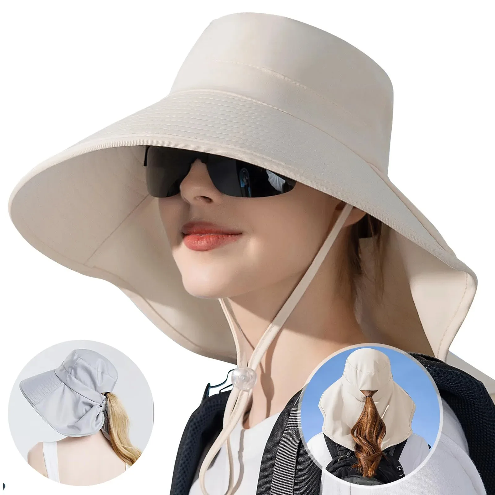 

Women's Wide Brim Sun Hat UV Protection Ponytail Hole Neck Flap Large Brim Fishing Hiking Beach Shawl Sunscreen Cap