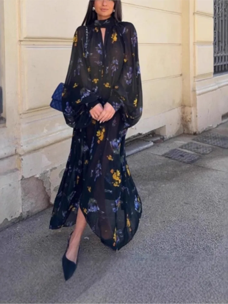 

Spring And Autumn New Fashion Printed Lace-up Long-sleeved Dress Women's Elegant V-neck Mid-waist Personality Street Long Skirt