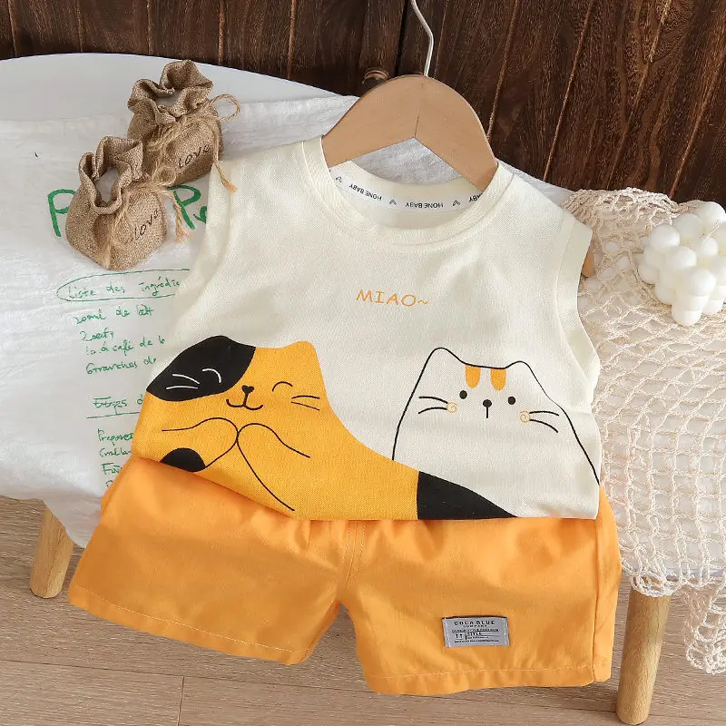 Summer Kids Clothes Suit Children Boys Cartoon Cat Vest T Shirt Shorts 2Pcs/sets Toddler Fashion Clothing Infant Tracksuits