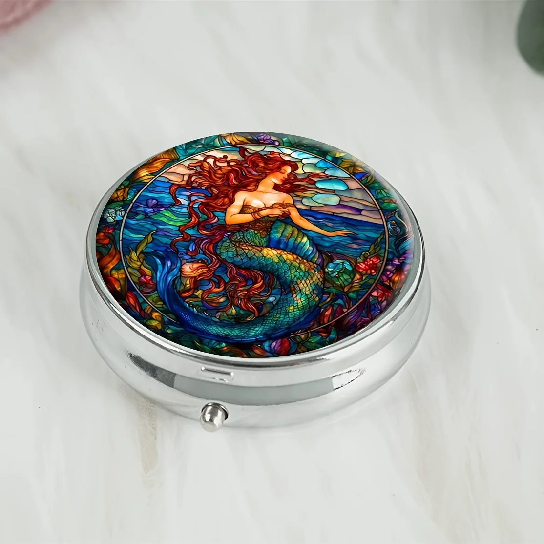 Beautiful Mermaid Round Pill Box,Household Portable Medicine Storage Box,3-grid Sub-packaging Medicine Box,For Outdoor Travel