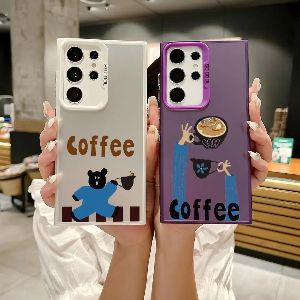 Kreative Kaffee Illustration Telefon Fall Für Samsung Galaxy S25 S24 S23 S22 S21 Ultra Plus Schwarz Lila Matte Laser Fällen Abdeckung